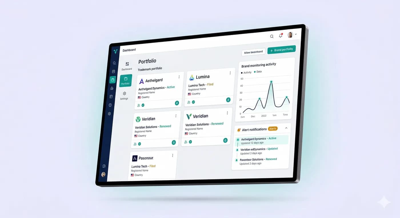 Dashboard TrademarkIQ — portfólio de marcas e monitoramento